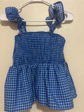 Blue Smocked Plaid Women's Sleeveless Peplum Top